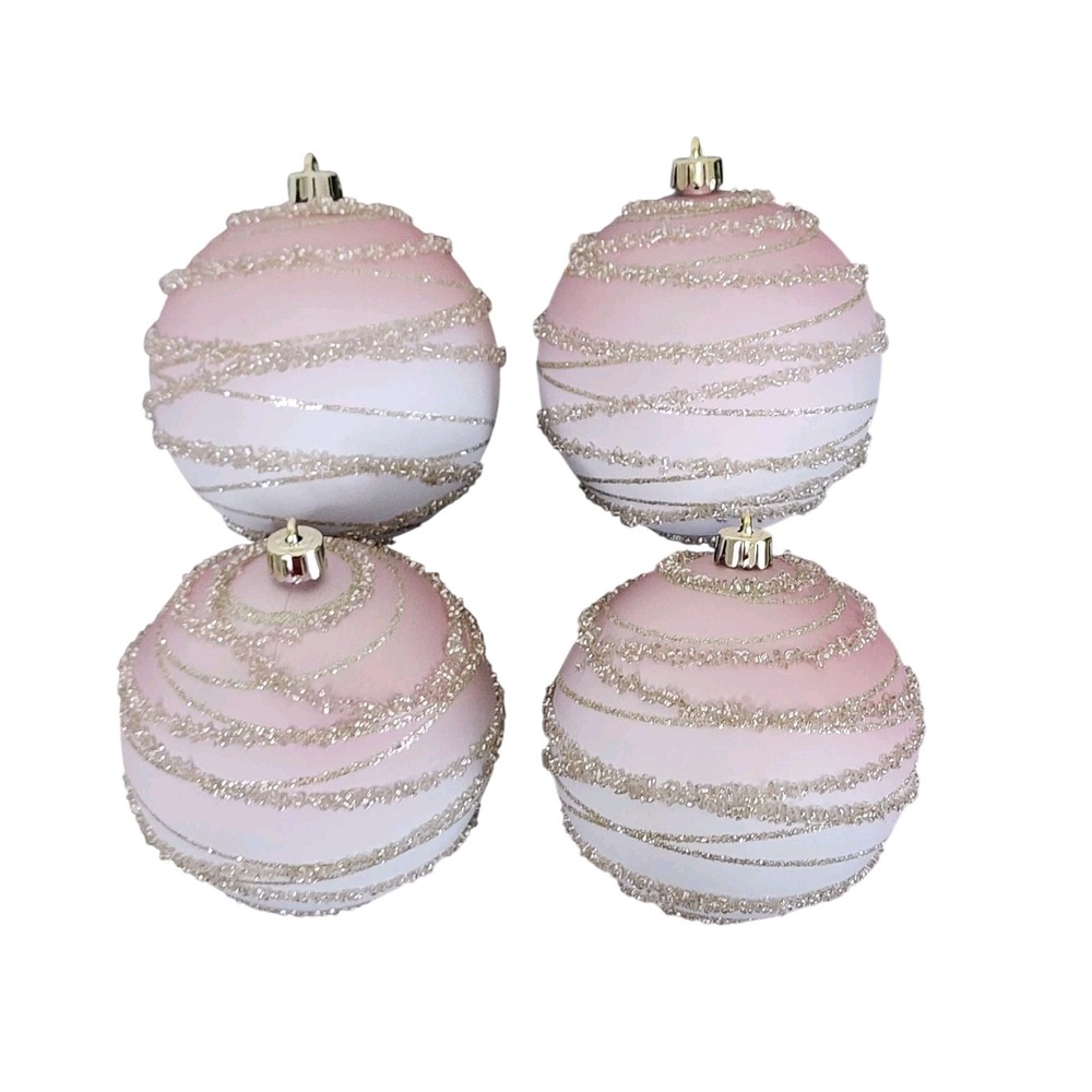 4 Pink Rose Gold Beaded Christmas Ball Ornaments Ombre Spiral Holiday Decor 4"